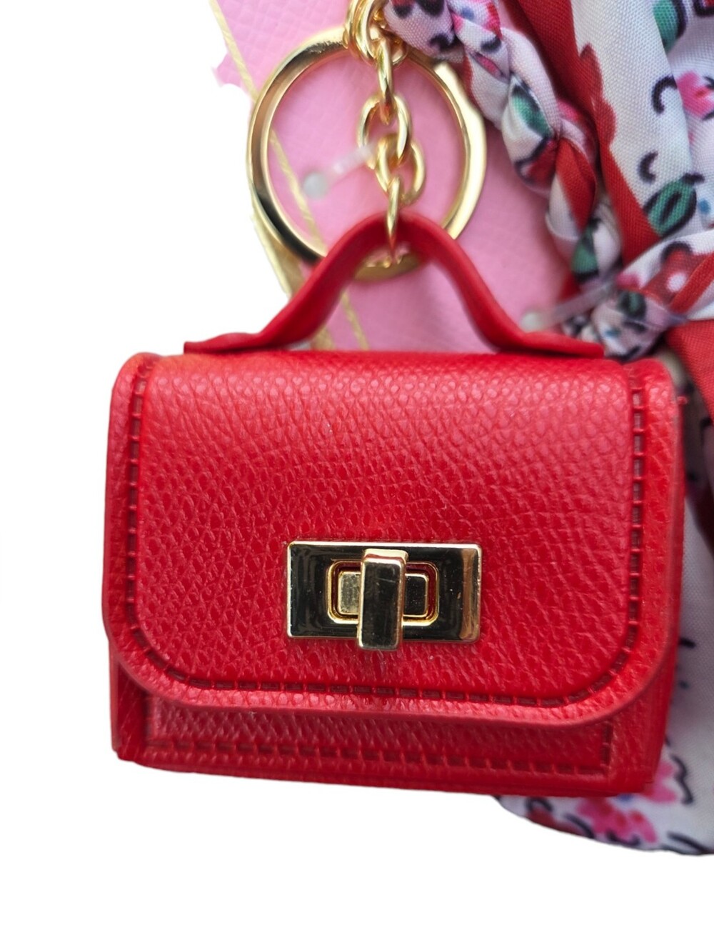 Piper K Red Mini Faux Leather Bag & Floral Satin Bow Scarf Bag Charm Keychain - Picture 3 of 4